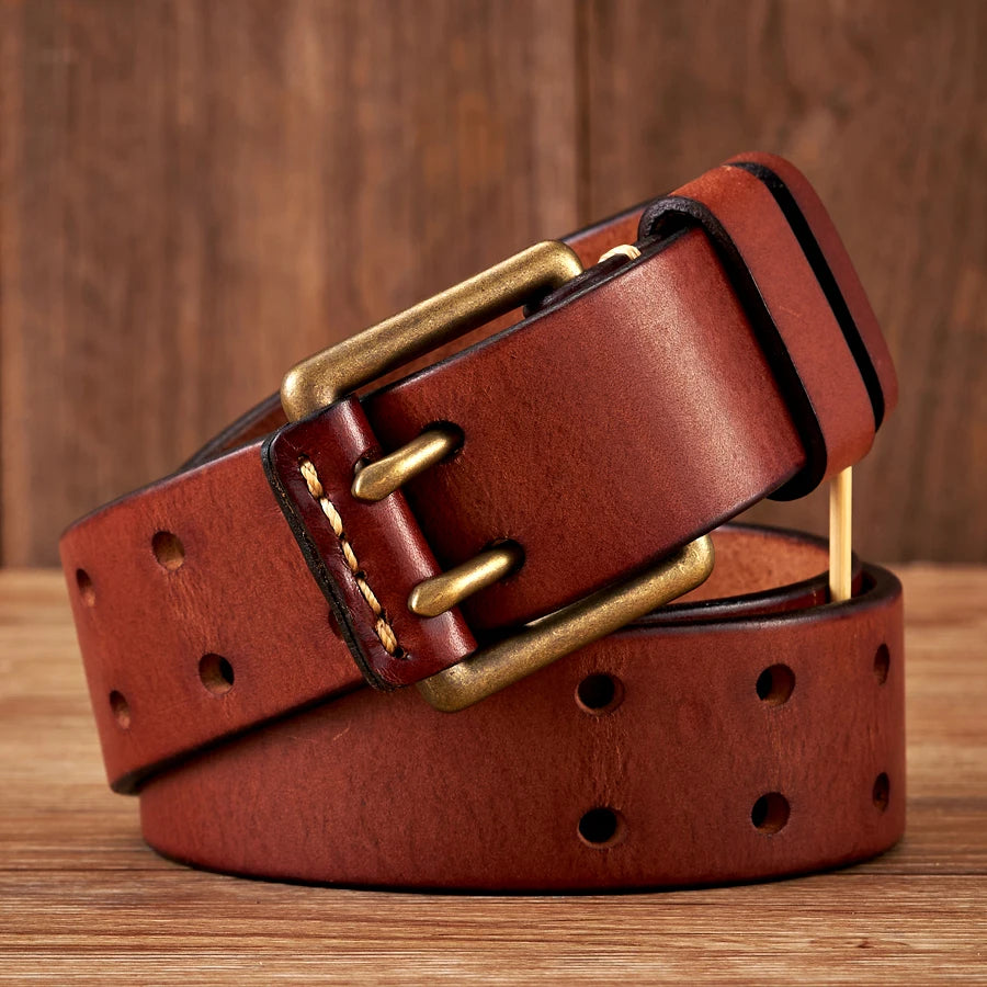 3.8cm Wide Vintage Men's Belt Cowhide Genuine Leather Belt Copper Double Needle Buckle Handmade Jeans Belt Fashion Male Strap