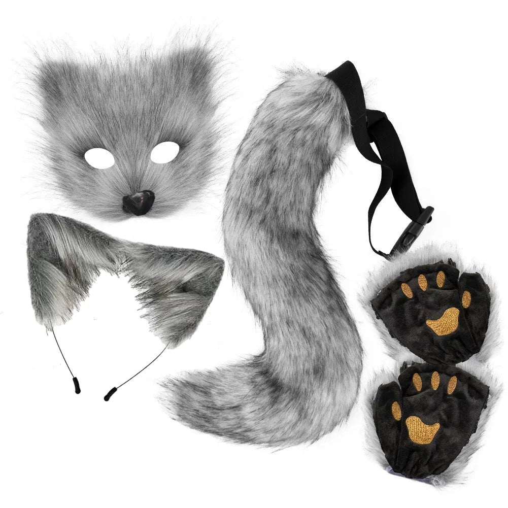4-piece fur fox costume accessory set - including mask, gloves, headband, tail, with realistic fur and claws, perfect for Hallow
