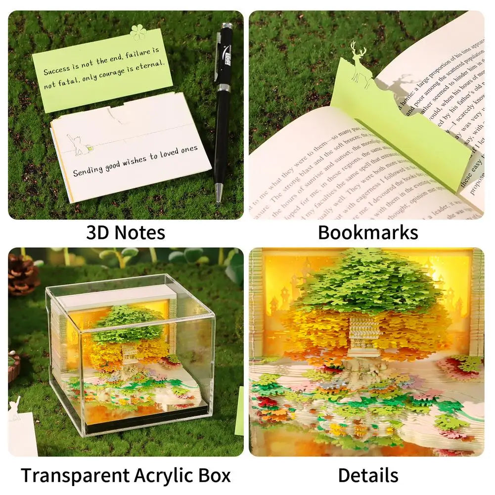 3D Calendar Sticky Notes of Flower Sea and Tree Island 2026 Unique Paper Sculpture Calendar For Desk Decor With Lights Design