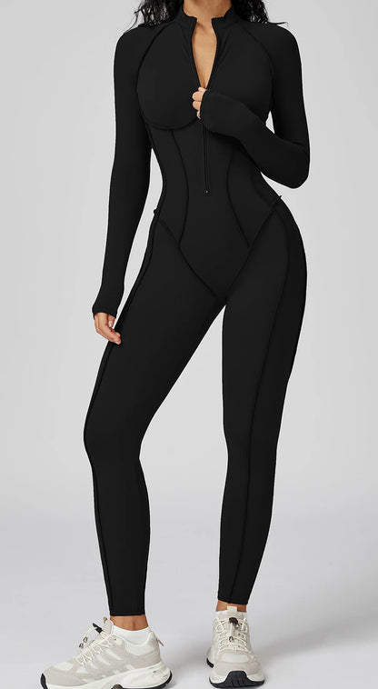 Women's Contrast Collar Half-Zip Bodysuit One-Piece High-Intensity Fitness Sports Jumpsuit Yoga Suit