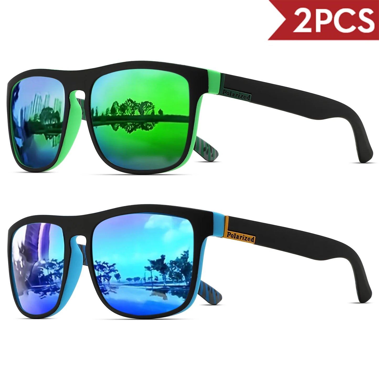 2PCSClassic Square Polarized Sports Sunglasses Lightweight PC Frame UV400 for Driving Fishing Cycling Unisex Everyday Durability