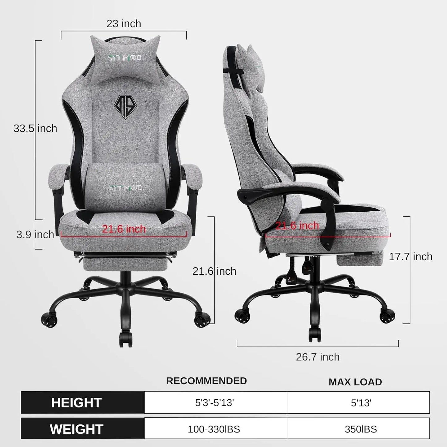 Gaming Chair, Video Game Chairs for Adults with Footrest High Back Headrest Lumbar Support Fabric Office Computer Desk Chair