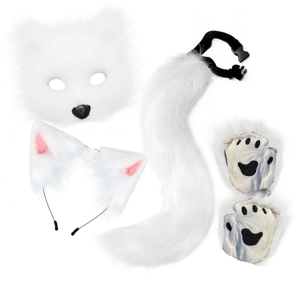 4-piece fur fox costume accessory set - including mask, gloves, headband, tail, with realistic fur and claws, perfect for Hallow