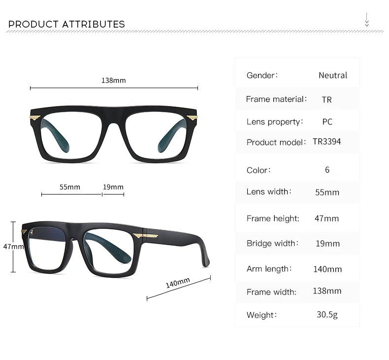 AUECMOI Vintage Men Square Glasses TR90 Frame Myopia Customizable Prescription Anti Blue Ray Optical Photochromic Eyeglasses