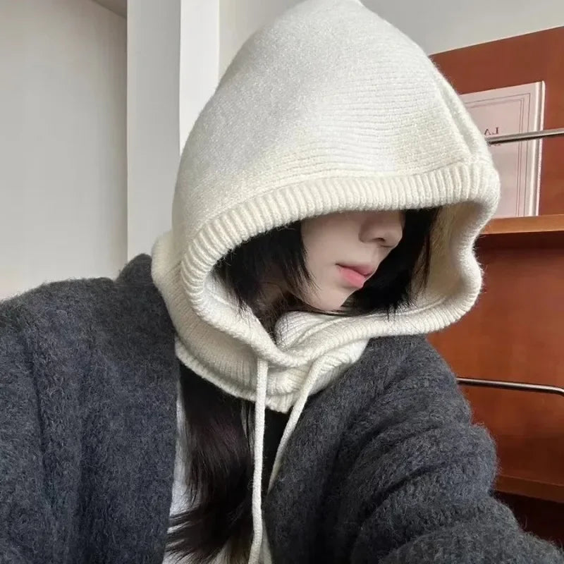 Knitted Hooded Caps Winter Balaclava Hats Women Korean Style Outdoor Warmer Drawstring Hats One-piece Neck Collar Beanies Cap