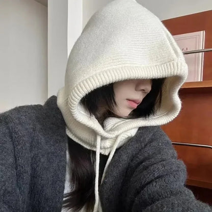 Knitted Hooded Caps Winter Balaclava Hats Women Korean Style Outdoor Warmer Drawstring Hats One-piece Neck Collar Beanies Cap