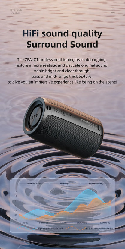 ZEALOT-S32 Portable Bluetooth Speaker Subwoofer - Waterproof Stereo Outdoor Boom Box with TF Card & AUX Support