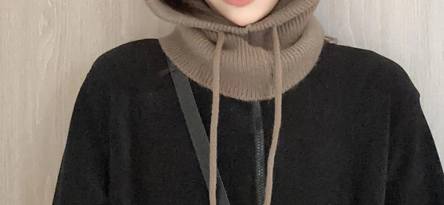 Knitted Hooded Caps Winter Balaclava Hats Women Korean Style Outdoor Warmer Drawstring Hats One-piece Neck Collar Beanies Cap
