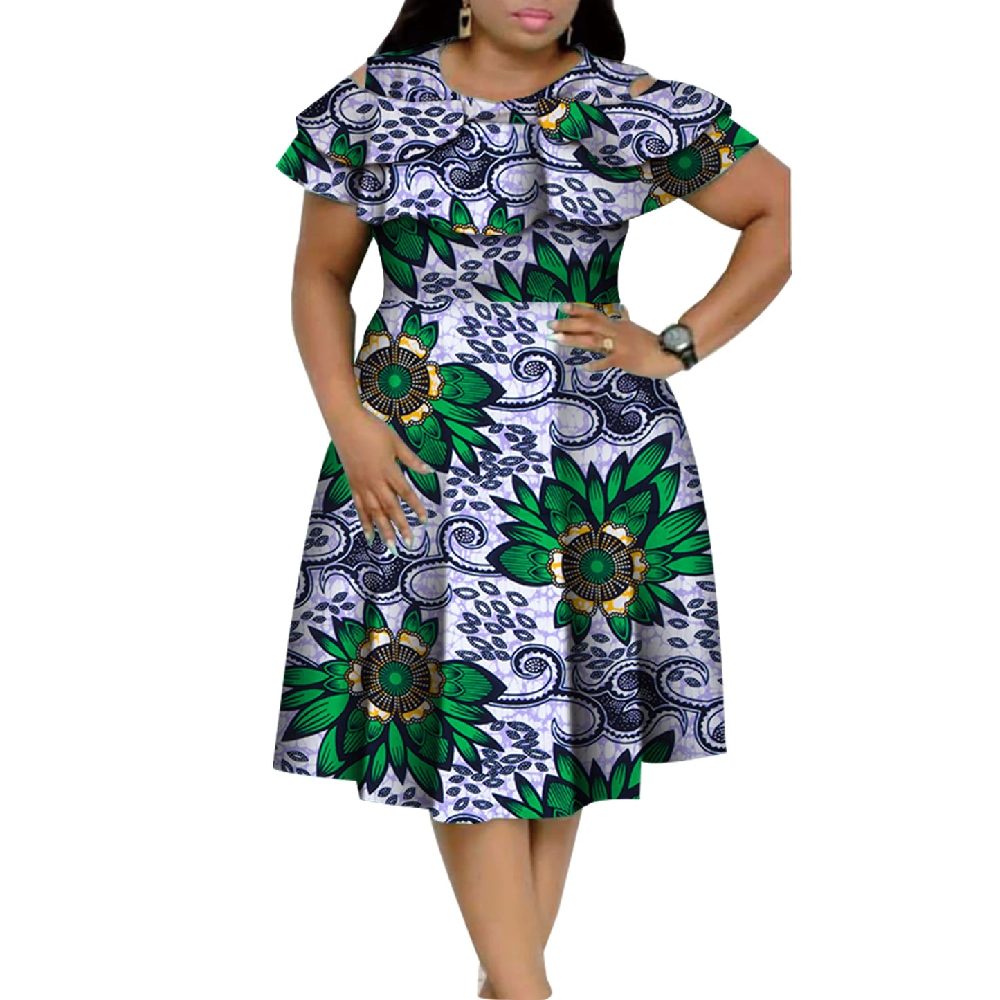 New Bazin Riche African Ruffles Collar Dresses for Women Dashiki Print Pearls Dresses Vestidos Women African Clothing WY4401