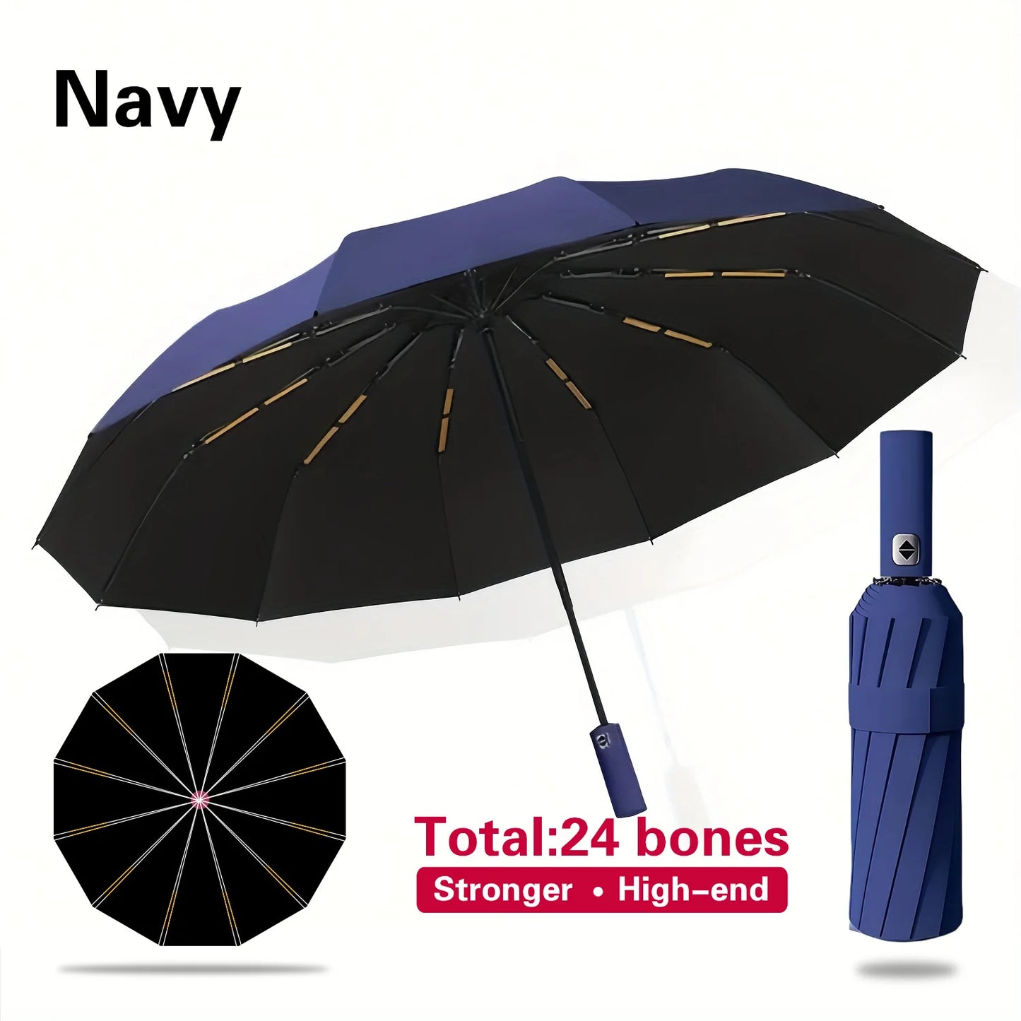 Automatic Folding Umbrella Double-Sided 24 Rib Windproof - Heavy Duty Compact Travel Umbrella for Men & Women, All-Weather Use