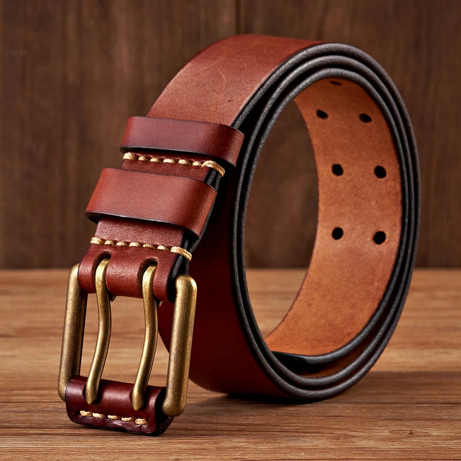 3.8cm Wide Vintage Men's Belt Cowhide Genuine Leather Belt Copper Double Needle Buckle Handmade Jeans Belt Fashion Male Strap