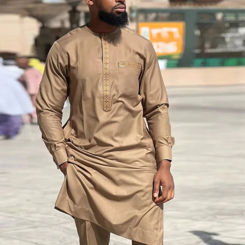 African Muslim Men Wedding Suit 2 Piece Set Long Sleeve Round Neck Top and Pants Traditional Style