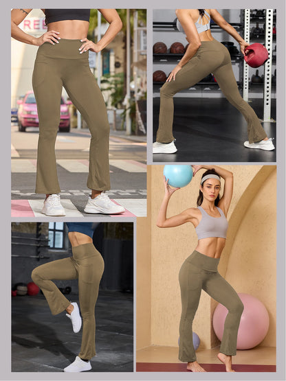 Women Flare Leggings with Pockets High Waisted Super Soft Tummy Control No See Through Yoga Running Workout Home Casual