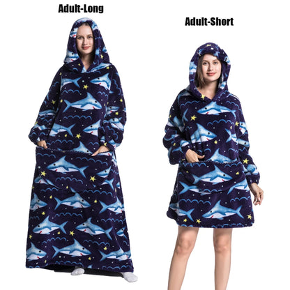 Thick Flannel Blanket Hoodies for Women Adult Panda Wolf Cat Pullover Winter Sherpa TV Blanket Homewear Oversized Sweatshirts