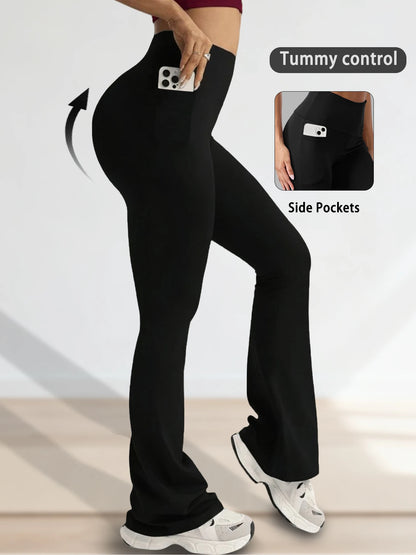 Women Flare Leggings with Pockets High Waisted Super Soft Tummy Control No See Through Yoga Running Workout Home Casual