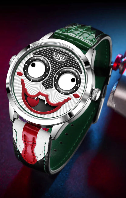 LIGE Creative Joker Watch Men Clown Men's Watches Fashion Leather Strap Waterproof Quartz Wristwatches Moon Phase Clock+BOX
