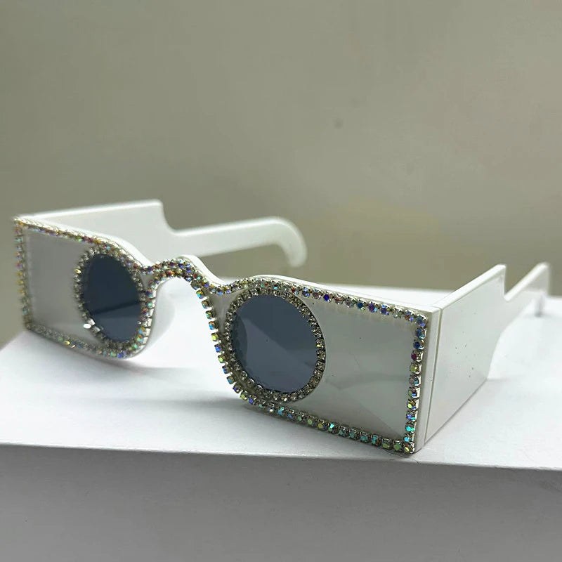 Unique Hand Diamond Square Women Sunglasses Luxury Rhinestone Small Round Lens Shades Female New Wide Legs Sun Glasses Men UV400