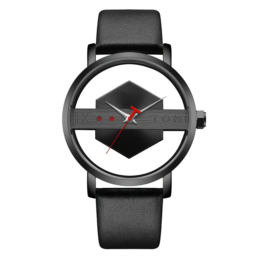TOMI Fashionable and Minimalist Men's Leather Watch Strap Personalized Hollow Perspective Glass Bottom Cover Quartz Watch