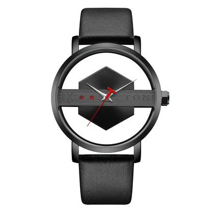 TOMI Fashionable and Minimalist Men's Leather Watch Strap Personalized Hollow Perspective Glass Bottom Cover Quartz Watch