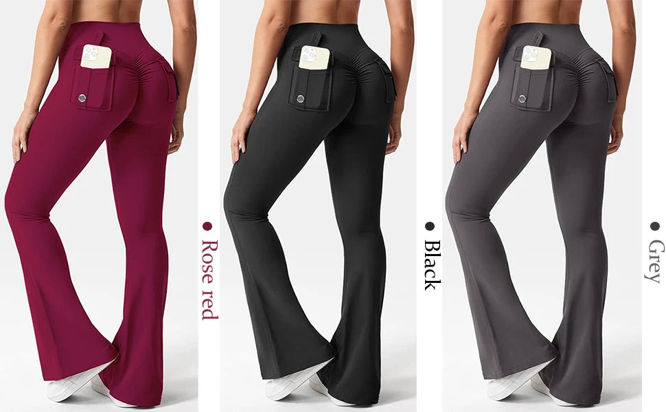 Women's Yoga Flare Trousers, High-Waisted Tummy-Control Wide-Leg Trousers Outdoor Casual Leggings with Pockets, Gym Workout Trou