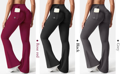 Women's Yoga Flare Trousers, High-Waisted Tummy-Control Wide-Leg Trousers Outdoor Casual Leggings with Pockets, Gym Workout Trou