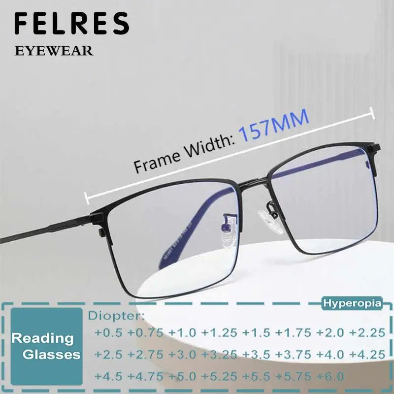 157mm Titanium Alloy Anti Blue Light Square Reading Glasses Men Business Big Presbyopic Glasses Clear Lens Prescription Eyewear