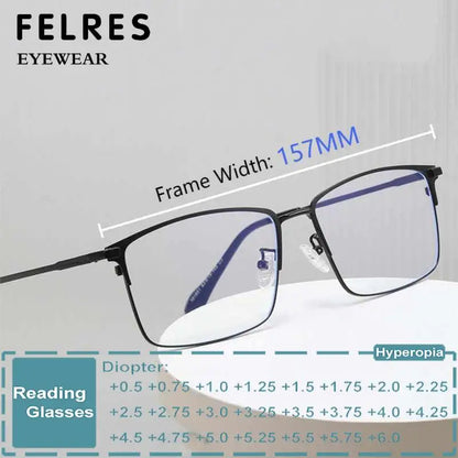157mm Titanium Alloy Anti Blue Light Square Reading Glasses Men Business Big Presbyopic Glasses Clear Lens Prescription Eyewear