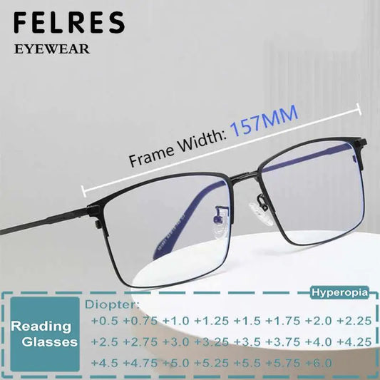 157mm Titanium Alloy Anti Blue Light Square Reading Glasses Men Business Big Presbyopic Glasses Clear Lens Prescription Eyewear