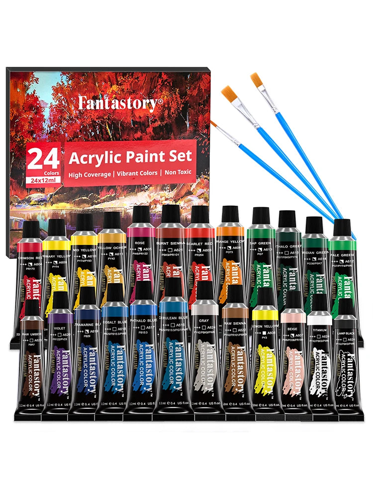 12ML 24 Colors Acrylic Paint Set with 3 Paint Brushes, Ideal Gifts for Painters, Paint Supplies for Adults, Drawing & Painting