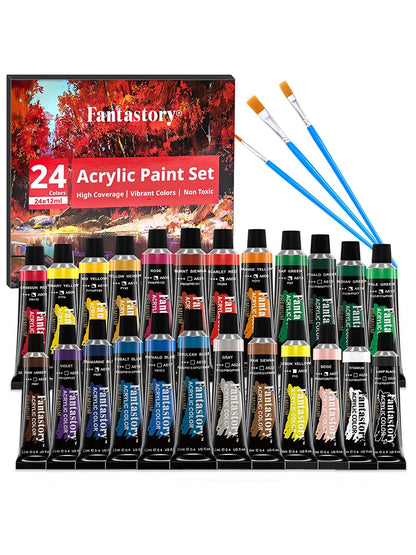 12ML 24 Colors Acrylic Paint Set with 3 Paint Brushes, Ideal Gifts for Painters, Paint Supplies for Adults, Drawing & Painting