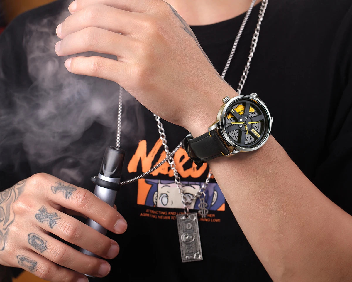 NS Men's Car wheel hub watch Minimalist Fashion Sports Watch Calendar Leather casual Quartz watch