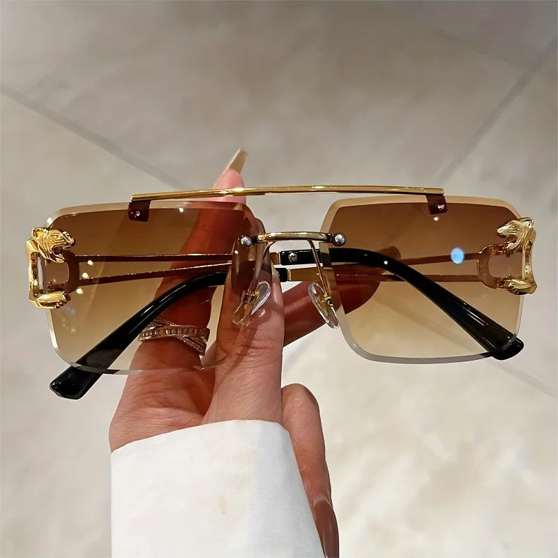 Fashion Rimless Square Double Bridge Sun Glasses Vintage Women Men Sunglasses
