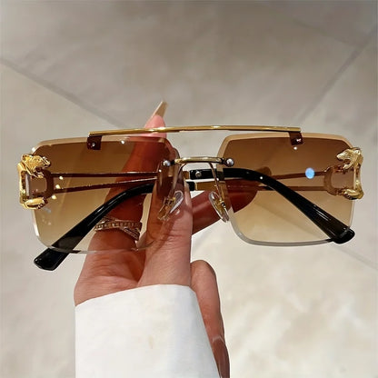 Fashion Rimless Square Double Bridge Sun Glasses Vintage Women Men Sunglasses