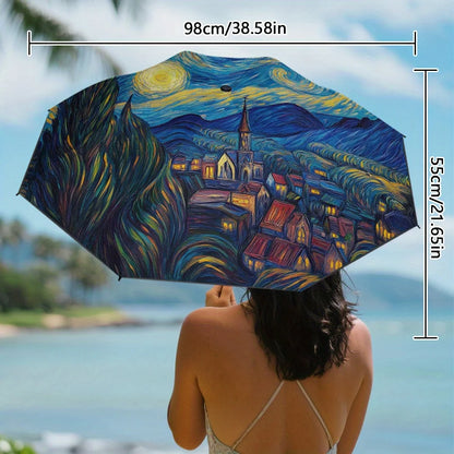 1pc Starry Night Glow Print Umbrella - Van Gogh-Inspired Automatic Open/Close Compact Folding Umbrella with 8-Rib Durable Fram