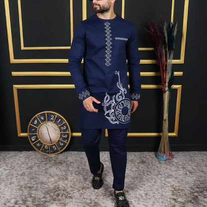 African Muslim Men Wedding Suit 2 Piece Set Long Sleeve Round Neck Top and Pants Traditional Style