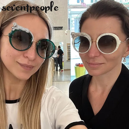 Oversized Round Sunglasses Women Big 2026 Luxury Brand Crystal Leopard-Shaped Sun Glasses for Ladies Anti Blue Light Eyeglasses