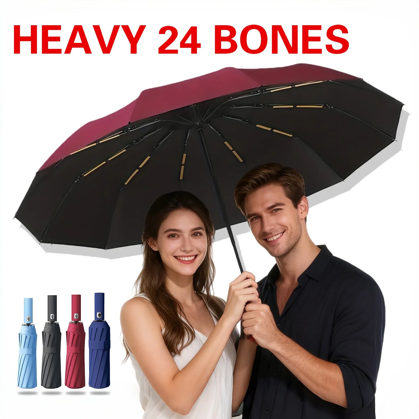 Automatic Folding Umbrella Double-Sided 24 Rib Windproof - Heavy Duty Compact Travel Umbrella for Men & Women, All-Weather Use