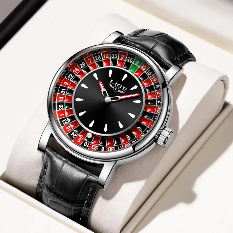 LIGE Creative Golden Mens Watches Roulette Game Dial Fashion Man Watch Waterproof Luminous Quartz Wristwatches Rolling Ball+Box