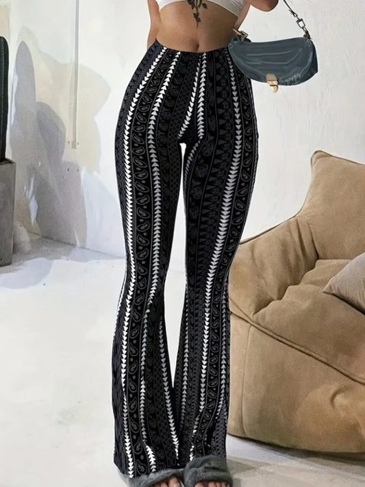 Women Pants Retro Print Flared Leggings Sexy Slim Fit Casual Pants Street Style 2025 Spring Summer Fashion Long Trousers