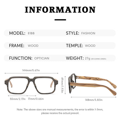 TAG Hezekiah Natural Wood Glasses Frame Men Oversized Wooden Myopia Prescription Optical Glasses Spectacle with Clear Lens 8188