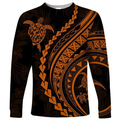2024 new men's Polynesian long-sleeved T-shirt 3D printed turtle hibiscus luxury print men's autumn tops casual round neck
