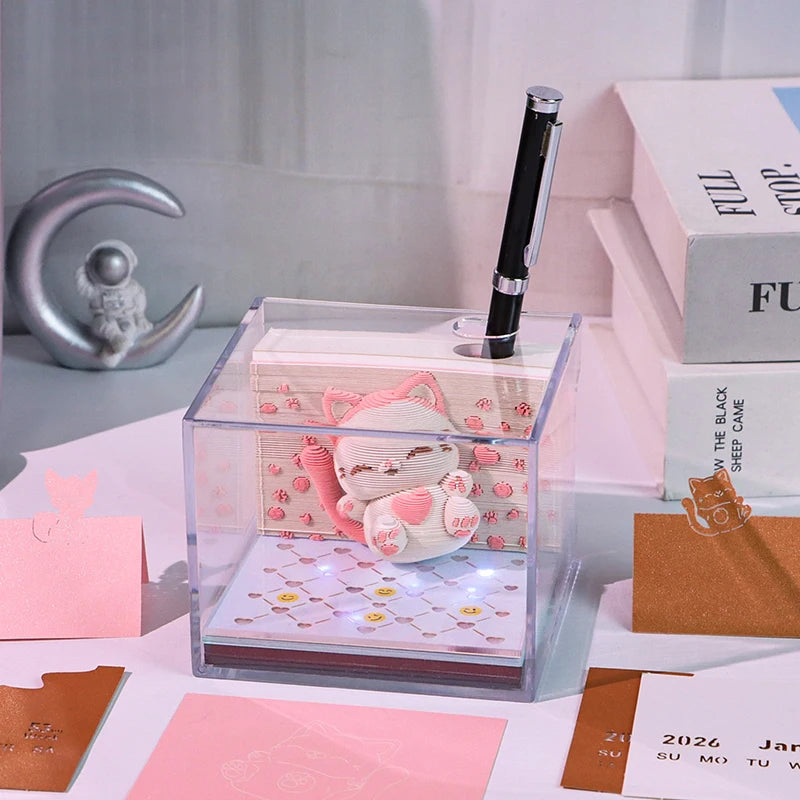 Time Piece Calendar 2026 Desk Calendar With LED Light 3D Tear-away Calendar Paper Carving Art Memo Pad Notepad Gift Christmas
