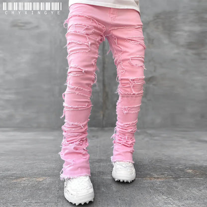 New Men's Fashion Jeans Work Pants, European and American Fashion Workwear Elastic Patchwork Denim Layered Flared Pants S-XXL