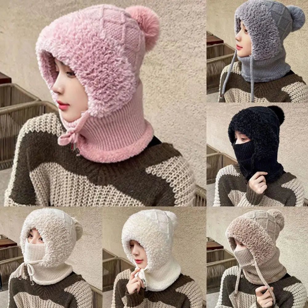 Women Winter Velvet Knitted Woolen Balaclava Hat Ear Protection fluffy Hat Mask Neck Integrated Warmth Cover Hat lady hooded cap
