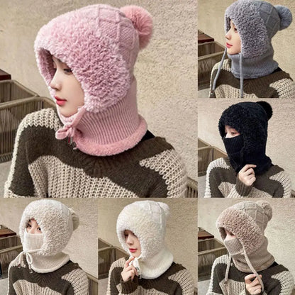 Women Winter Velvet Knitted Woolen Balaclava Hat Ear Protection fluffy Hat Mask Neck Integrated Warmth Cover Hat lady hooded cap