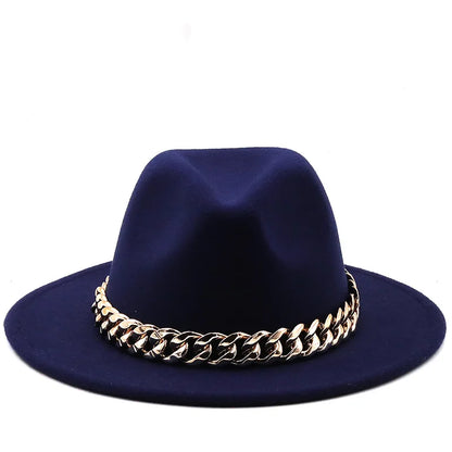 women fedoras golden chain fedora hat women men wide brim solid color jazz top hat autumn winter new Panama hat gentleman hat