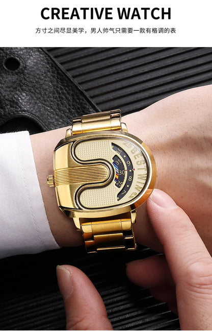 Gold Top Brand Luxury Men Watches Unique Design Stainless Steel Band Golden Dropship relogio masculino High Quality Male