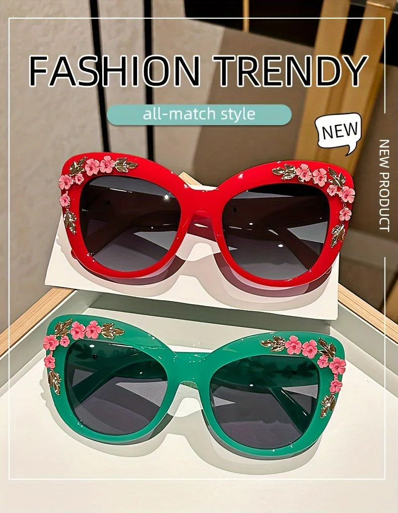 1pc Elegant Cat Eye Glasses for Women, Floral Camellia Design, Anti-Reflective PC Lens, Plastic Frame, Fashionable Beach Eyewear