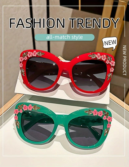 1pc Elegant Cat Eye Glasses for Women, Floral Camellia Design, Anti-Reflective PC Lens, Plastic Frame, Fashionable Beach Eyewear