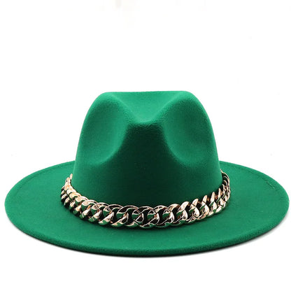 women fedoras golden chain fedora hat women men wide brim solid color jazz top hat autumn winter new Panama hat gentleman hat